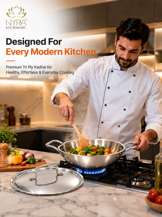 Triply Stainless Steel Kadhai with Lid | Food Grade Heavy Bottom Cookware | Even Heating, thick base - Induction & Gas Stove Compatible