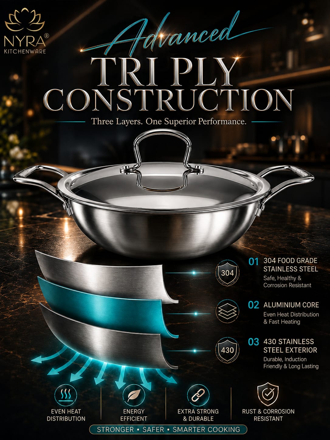 Triply Stainless Steel Kadhai with Lid | Food Grade Heavy Bottom Cookware | Even Heating, thick base - Induction & Gas Stove Compatible