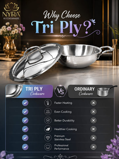 Triply Stainless Steel Kadhai with Lid | Food Grade Heavy Bottom Cookware | Even Heating, thick base - Induction & Gas Stove Compatible