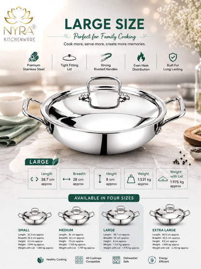 Triply Stainless Steel Kadhai with Lid | Food Grade Heavy Bottom Cookware | Even Heating, thick base - Induction & Gas Stove Compatible
