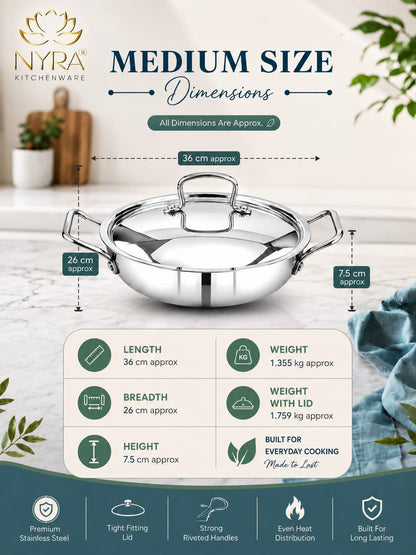 Triply Stainless Steel Kadhai with Lid | Food Grade Heavy Bottom Cookware | Even Heating, thick base - Induction & Gas Stove Compatible