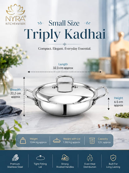 Triply Stainless Steel Kadhai with Lid | Food Grade Heavy Bottom Cookware | Even Heating, thick base - Induction & Gas Stove Compatible