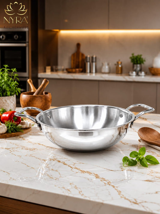 Triply Stainless Steel Kadhai | Food Grade Heavy Bottom Cookware - Even Heating | Induction &a Gas Stove Compatible