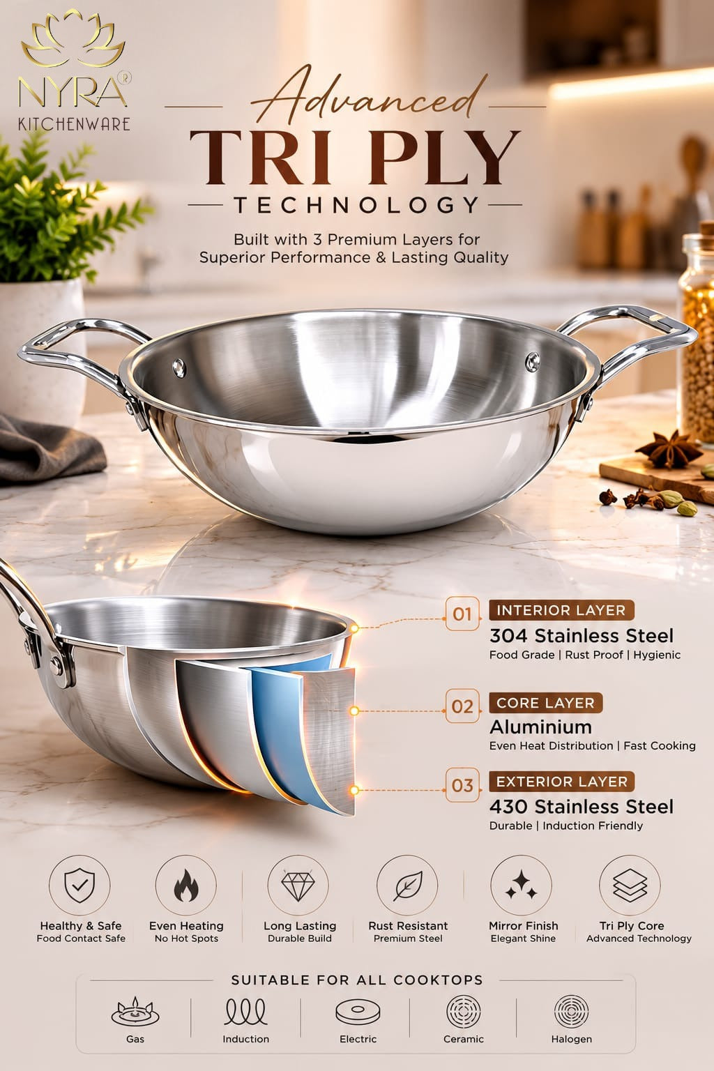 Triply Stainless Steel Kadhai | Food Grade Heavy Bottom Cookware - Even Heating | Induction &a Gas Stove Compatible