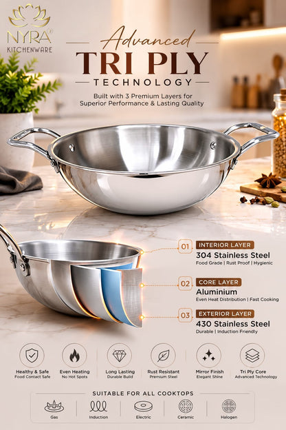 Triply Stainless Steel Kadhai | Food Grade Heavy Bottom Cookware - Even Heating | Induction &a Gas Stove Compatible