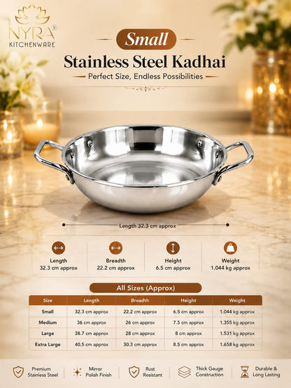 Triply Stainless Steel Kadhai | Food Grade Heavy Bottom Cookware - Even Heating | Induction &a Gas Stove Compatible