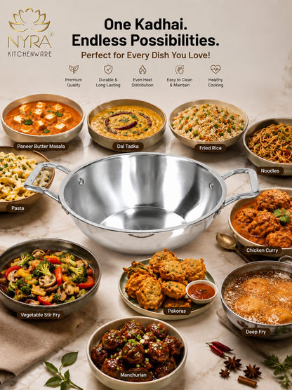 Triply Stainless Steel Kadhai | Food Grade Heavy Bottom Cookware - Even Heating | Induction &a Gas Stove Compatible