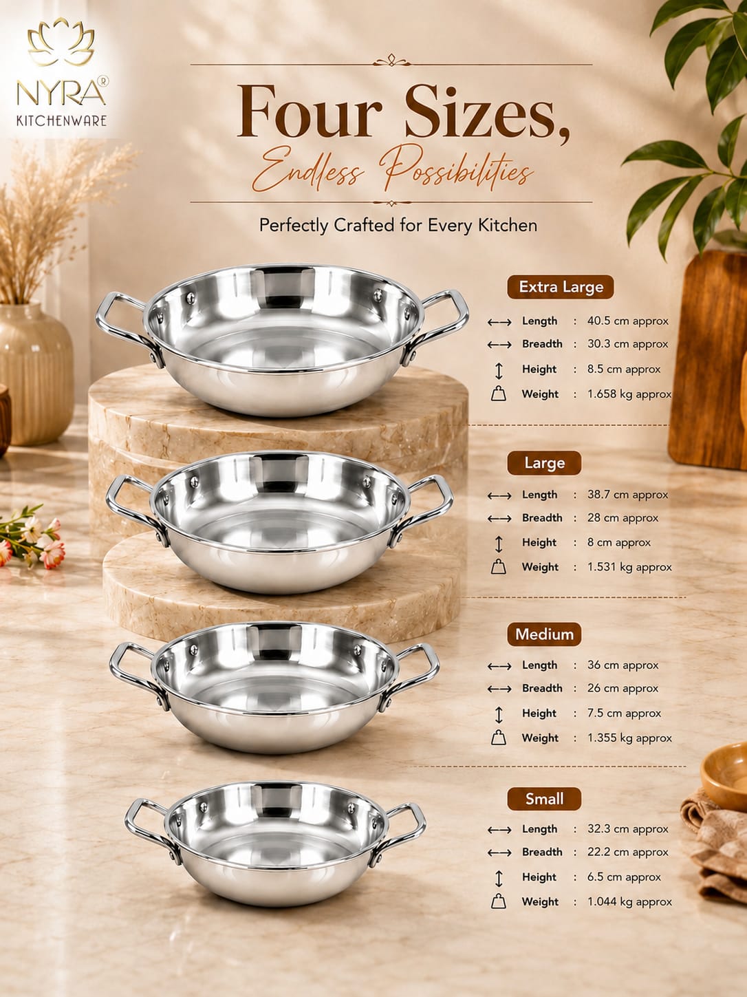 Triply Stainless Steel Kadhai | Food Grade Heavy Bottom Cookware - Even Heating | Induction &a Gas Stove Compatible