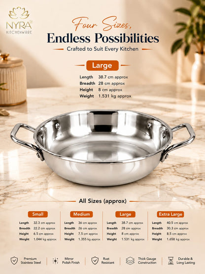 Triply Stainless Steel Kadhai | Food Grade Heavy Bottom Cookware - Even Heating | Induction &a Gas Stove Compatible