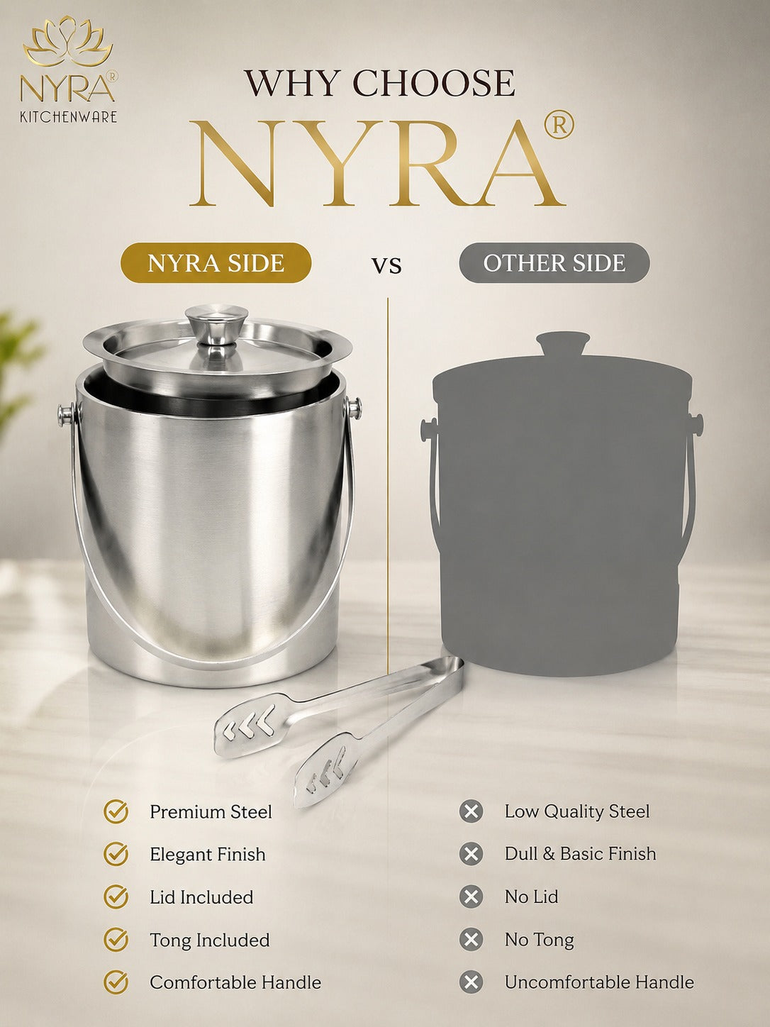 Stainless Steel Ice Bucket - Leak-Proof, Portable & Keeps Ice Colder Longer