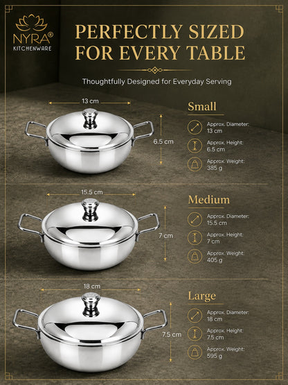 Stainless Steel Heavy Gauge Serving Vegetable Handi with Lid | Food Grade Mirror Finish - Kitchen Serving Bowl | Available in 650 ml, 1 L & 1.5 L