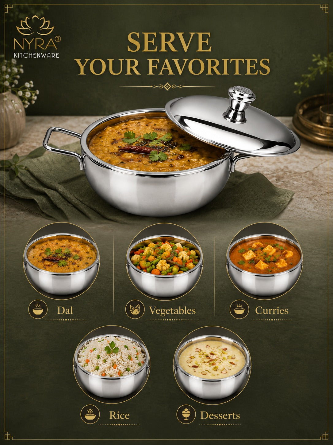 Stainless Steel Heavy Gauge Serving Vegetable Handi with Lid | Food Grade Mirror Finish - Kitchen Serving Bowl | Available in 650 ml, 1 L & 1.5 L