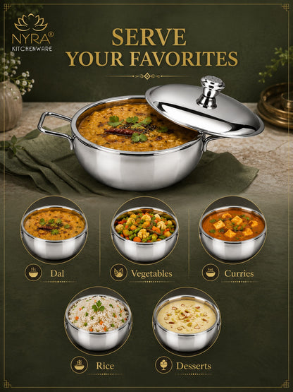 Stainless Steel Heavy Gauge Serving Vegetable Handi with Lid | Food Grade Mirror Finish - Kitchen Serving Bowl | Available in 650 ml, 1 L & 1.5 L