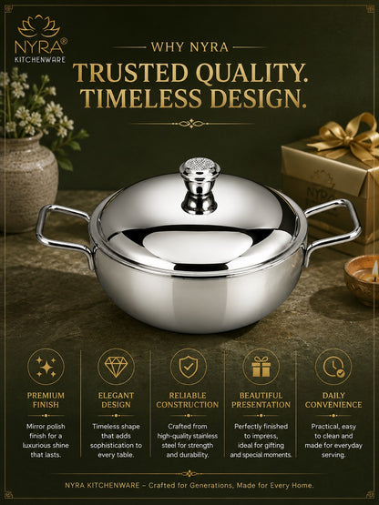 Stainless Steel Heavy Gauge Serving Vegetable Handi with Lid | Food Grade Mirror Finish - Kitchen Serving Bowl | Available in 650 ml, 1 L & 1.5 L