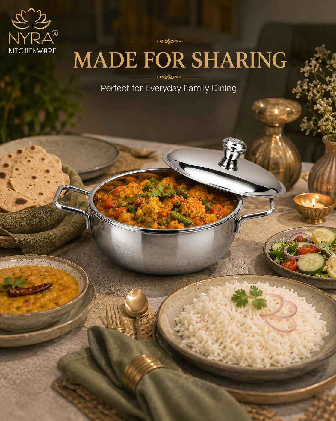 Stainless Steel Heavy Gauge Serving Vegetable Handi with Lid | Food Grade Mirror Finish - Kitchen Serving Bowl | Available in 650 ml, 1 L & 1.5 L