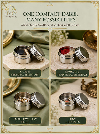 Stainless Steel Plain Kajal Dibbi with Lids (medium-size) Storage Containers for Kajal, Sindoor, Kumkum, Roli, Chandan, Jewellery & Small Essentials