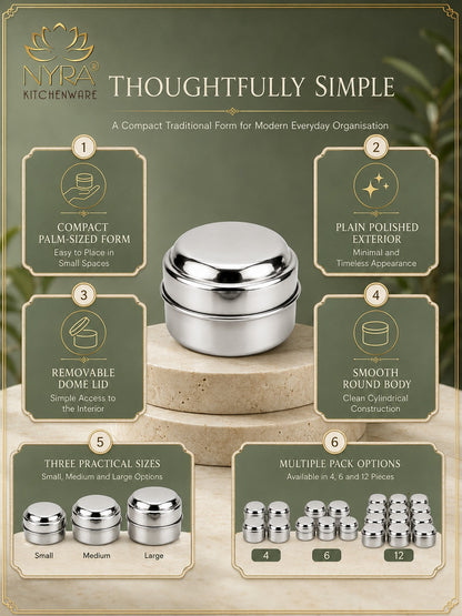 Stainless Steel Plain Kajal Dibbi with Lids (medium-size) Storage Containers for Kajal, Sindoor, Kumkum, Roli, Chandan, Jewellery & Small Essentials