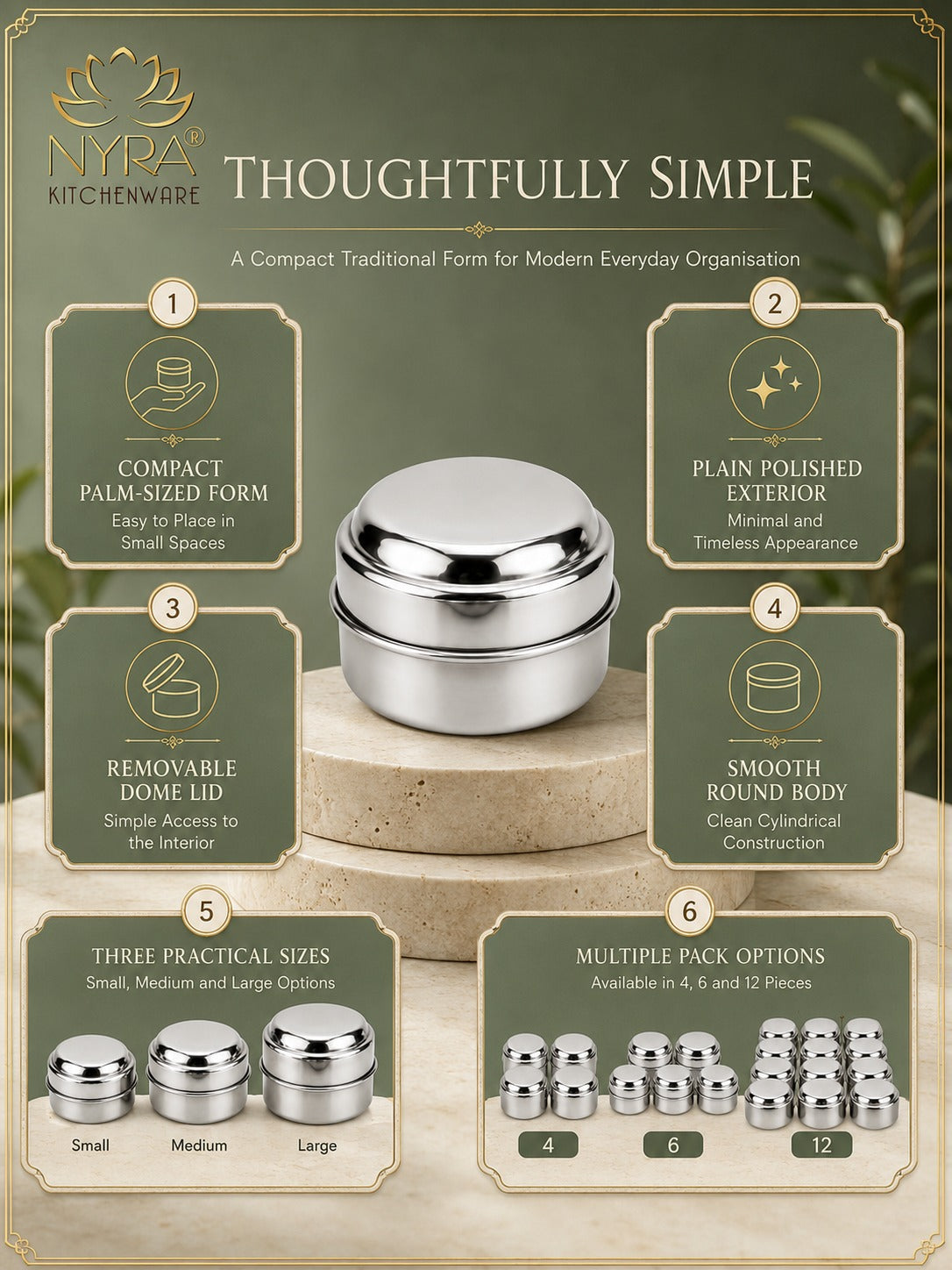 Stainless Steel Plain Kajal Dibbi with Lids, Large size Storage Containers for Kajal, Sindoor, Kumkum, Roli, Chandan, Jewellery Available in Pack of 4, 6 and 12