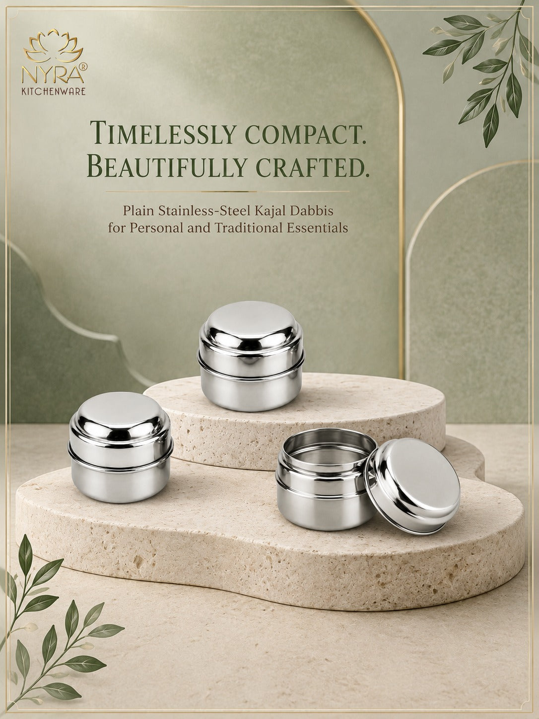 Stainless Steel Plain Kajal Dibbi with Lids (medium-size) Storage Containers for Kajal, Sindoor, Kumkum, Roli, Chandan, Jewellery & Small Essentials