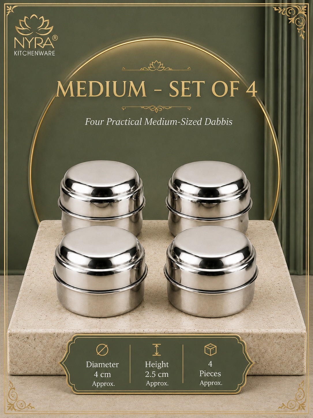 Stainless Steel Plain Kajal Dibbi with Lids (medium-size) Storage Containers for Kajal, Sindoor, Kumkum, Roli, Chandan, Jewellery & Small Essentials