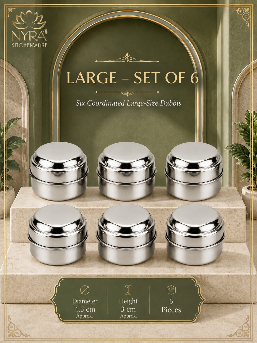 Stainless Steel Plain Kajal Dibbi with Lids, Large size Storage Containers for Kajal, Sindoor, Kumkum, Roli, Chandan, Jewellery Available in Pack of 4, 6 and 12