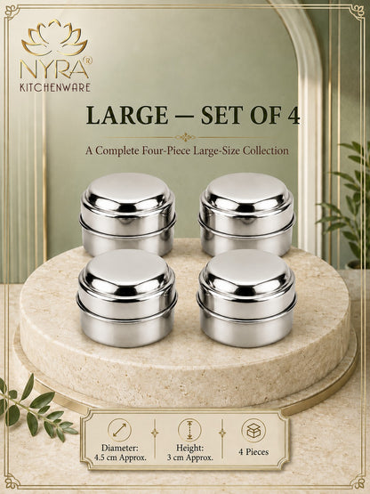 Stainless Steel Plain Kajal Dibbi with Lids, Large size Storage Containers for Kajal, Sindoor, Kumkum, Roli, Chandan, Jewellery Available in Pack of 4, 6 and 12
