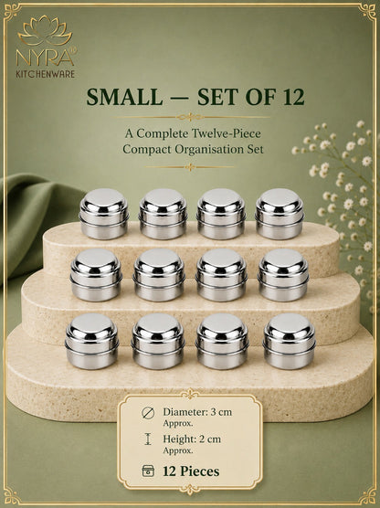 Stainless Steel Plain Kajal Dibbi with Lids | Small Mini Storage Containers for Kajal, Sindoor, Kumkum, Roli, Chandan, Tiny Essentials
