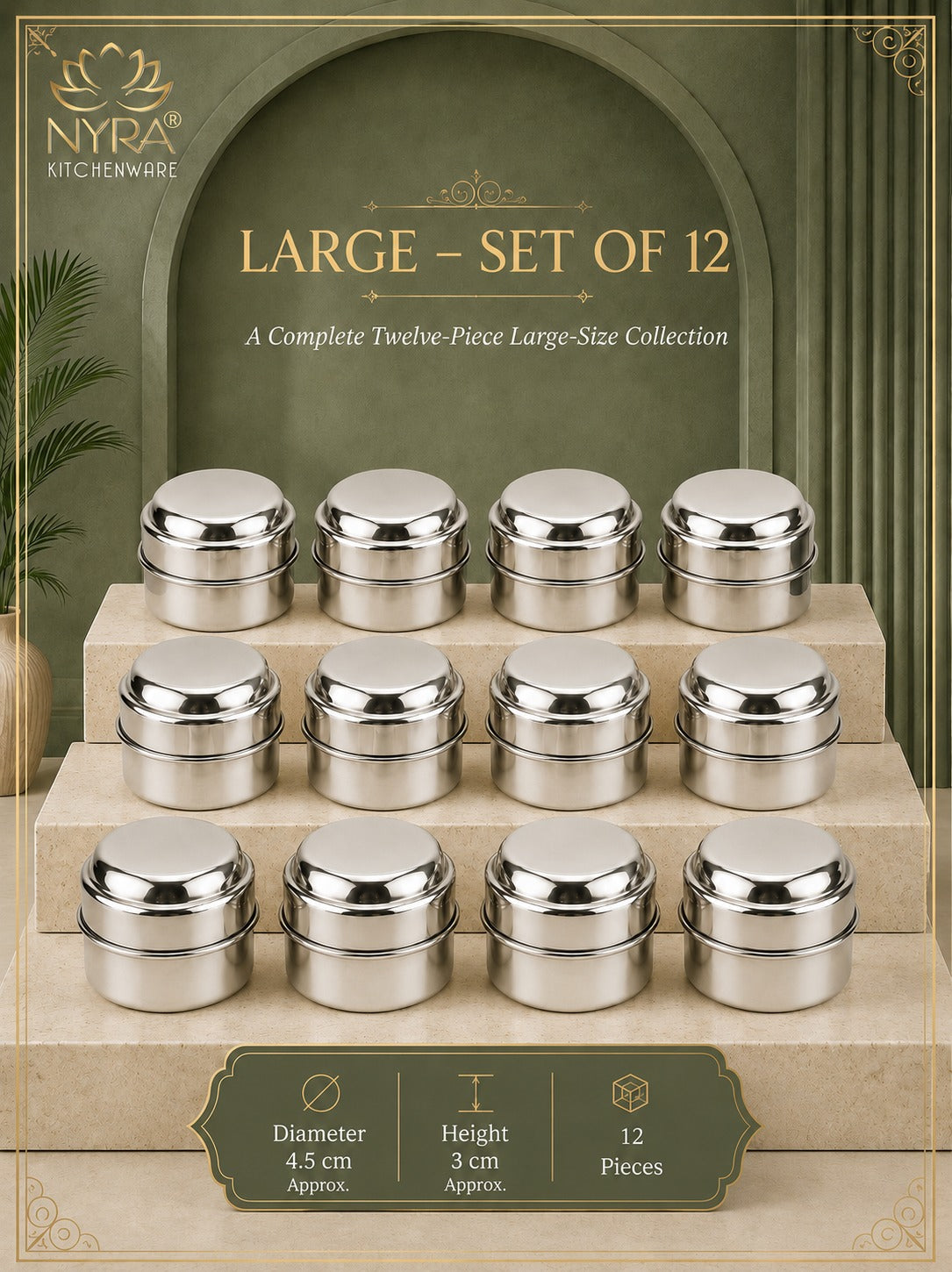 Stainless Steel Plain Kajal Dibbi with Lids, Large size Storage Containers for Kajal, Sindoor, Kumkum, Roli, Chandan, Jewellery Available in Pack of 4, 6 and 12