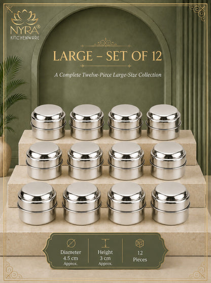 Stainless Steel Plain Kajal Dibbi with Lids, Large size Storage Containers for Kajal, Sindoor, Kumkum, Roli, Chandan, Jewellery Available in Pack of 4, 6 and 12
