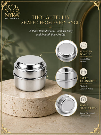 Stainless Steel Plain Kajal Dibbi with Lids (medium-size) Storage Containers for Kajal, Sindoor, Kumkum, Roli, Chandan, Jewellery & Small Essentials