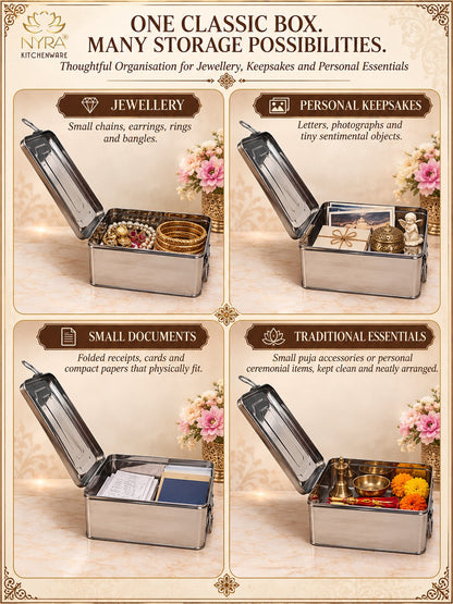 Stainless Steel Jewellery Locker Box Set of 2, Multipurpose Storage Containers for Jewellery, Accessories, Documents & Personal Essentials, Multiple Size Combinations