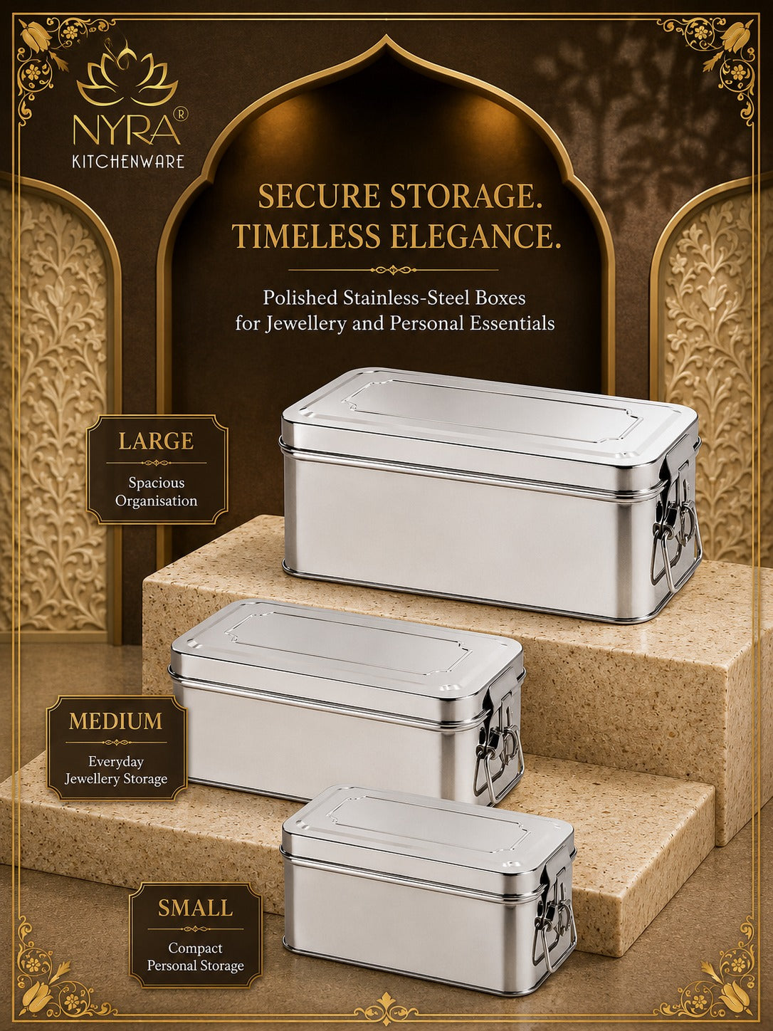 Stainless Steel Jewellery Locker Box with Latch, Multipurpose Storage Container for Jewellery, Accessories, Documents &amp; Personal Essentials, Small/Medium/Large/Set of 3