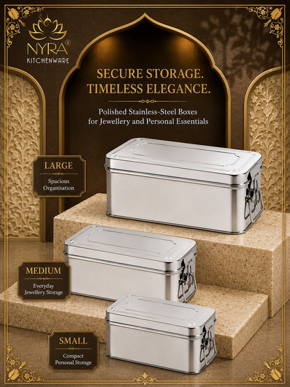 Stainless Steel Jewellery Locker Box with Latch, Multipurpose Storage Container for Jewellery, Accessories, Documents &amp; Personal Essentials, Small/Medium/Large/Set of 3