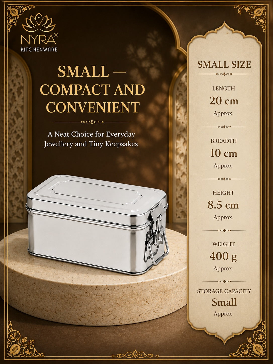 Stainless Steel Jewellery Locker Box with Latch, Multipurpose Storage Container for Jewellery, Accessories, Documents &amp; Personal Essentials, Small/Medium/Large/Set of 3