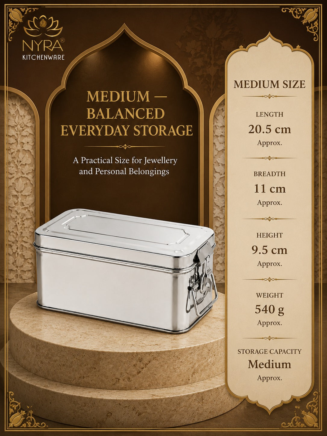 Stainless Steel Jewellery Locker Box with Latch, Multipurpose Storage Container for Jewellery, Accessories, Documents &amp; Personal Essentials, Small/Medium/Large/Set of 3