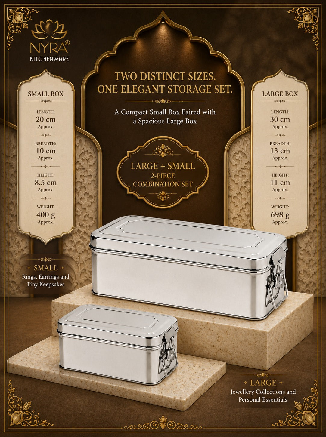 Stainless Steel Jewellery Locker Box Set of 2, Multipurpose Storage Containers for Jewellery, Accessories, Documents & Personal Essentials, Multiple Size Combinations