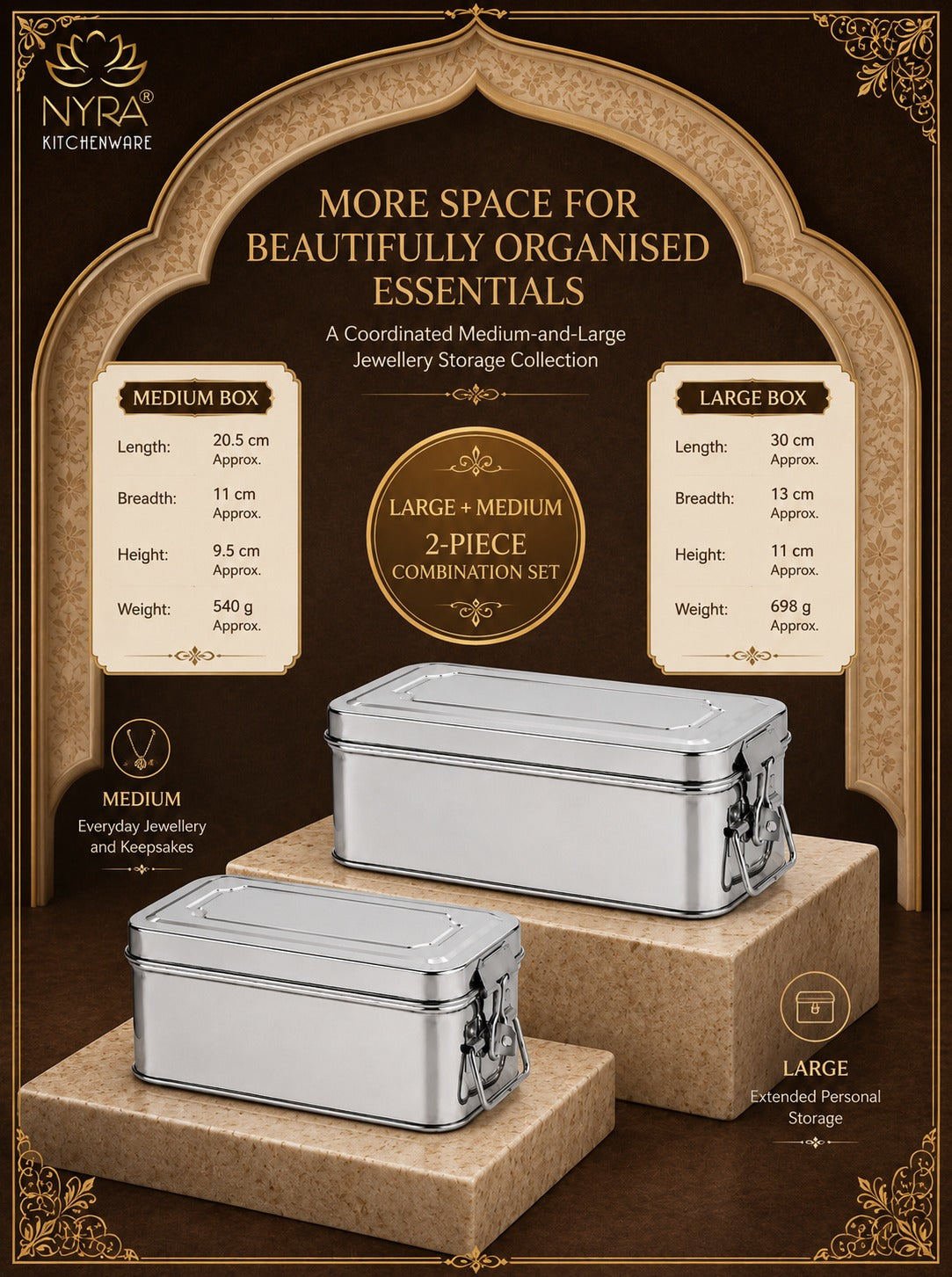 Stainless Steel Jewellery Locker Box Set of 2, Multipurpose Storage Containers for Jewellery, Accessories, Documents & Personal Essentials, Multiple Size Combinations