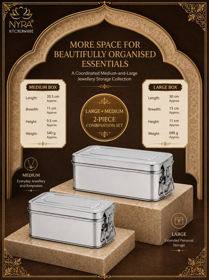 Stainless Steel Jewellery Locker Box Set of 2, Multipurpose Storage Containers for Jewellery, Accessories, Documents & Personal Essentials, Multiple Size Combinations