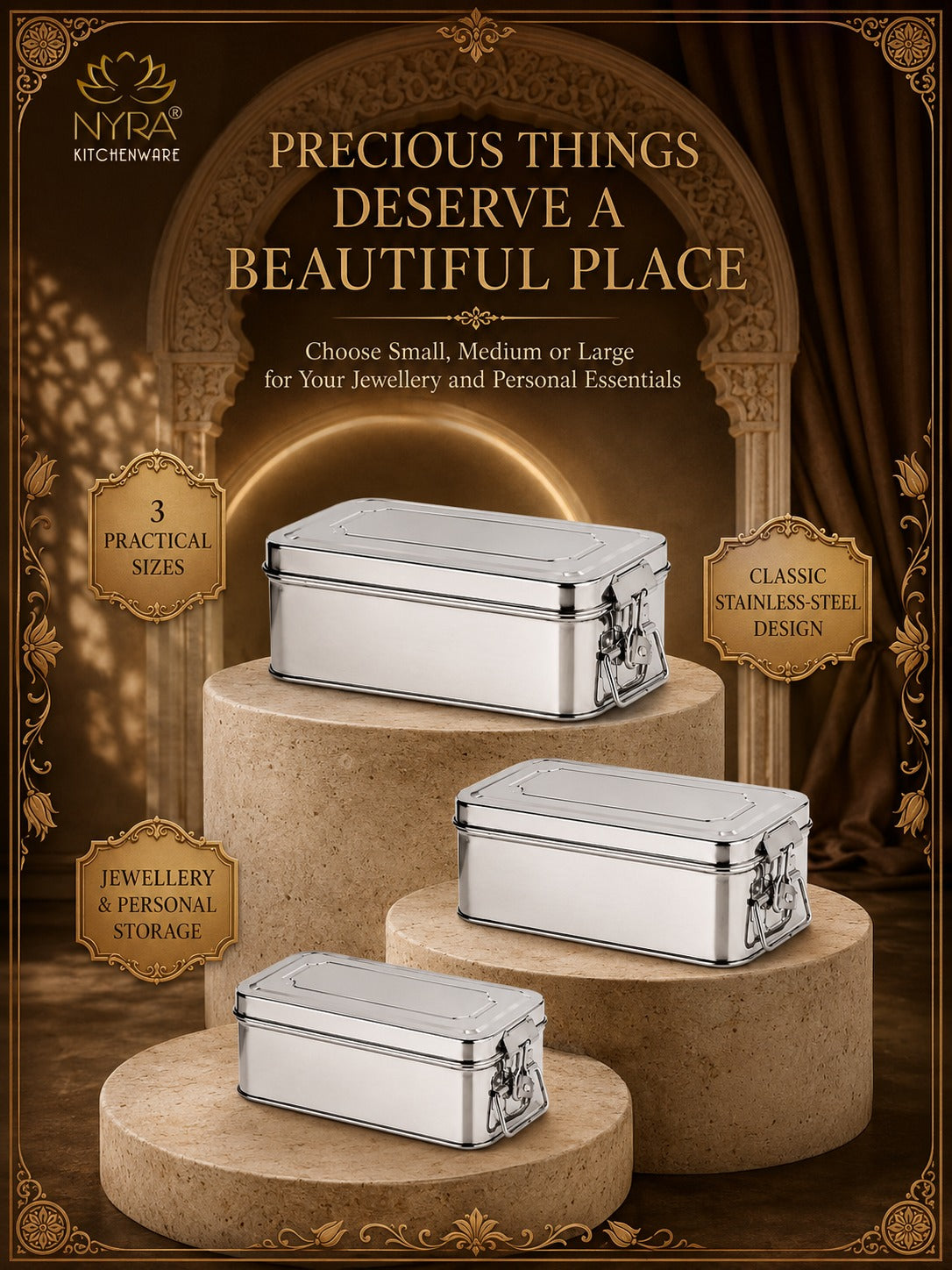 Stainless Steel Jewellery Locker Box with Latch, Multipurpose Storage Container for Jewellery, Accessories, Documents &amp; Personal Essentials, Small/Medium/Large/Set of 3