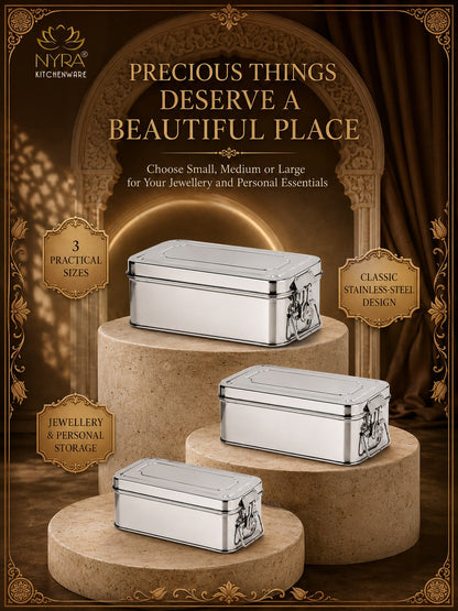 Stainless Steel Jewellery Locker Box with Latch, Multipurpose Storage Container for Jewellery, Accessories, Documents &amp; Personal Essentials, Small/Medium/Large/Set of 3