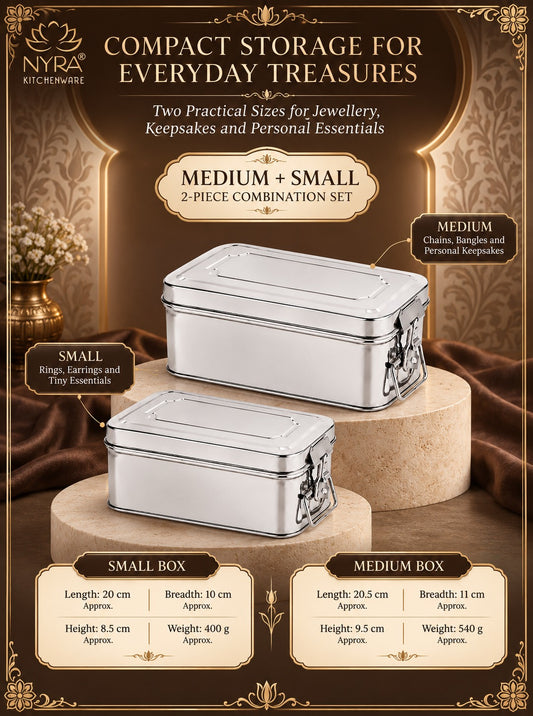 Stainless Steel Jewellery Locker Box Set of 2, Multipurpose Storage Containers for Jewellery, Accessories, Documents & Personal Essentials, Multiple Size Combinations