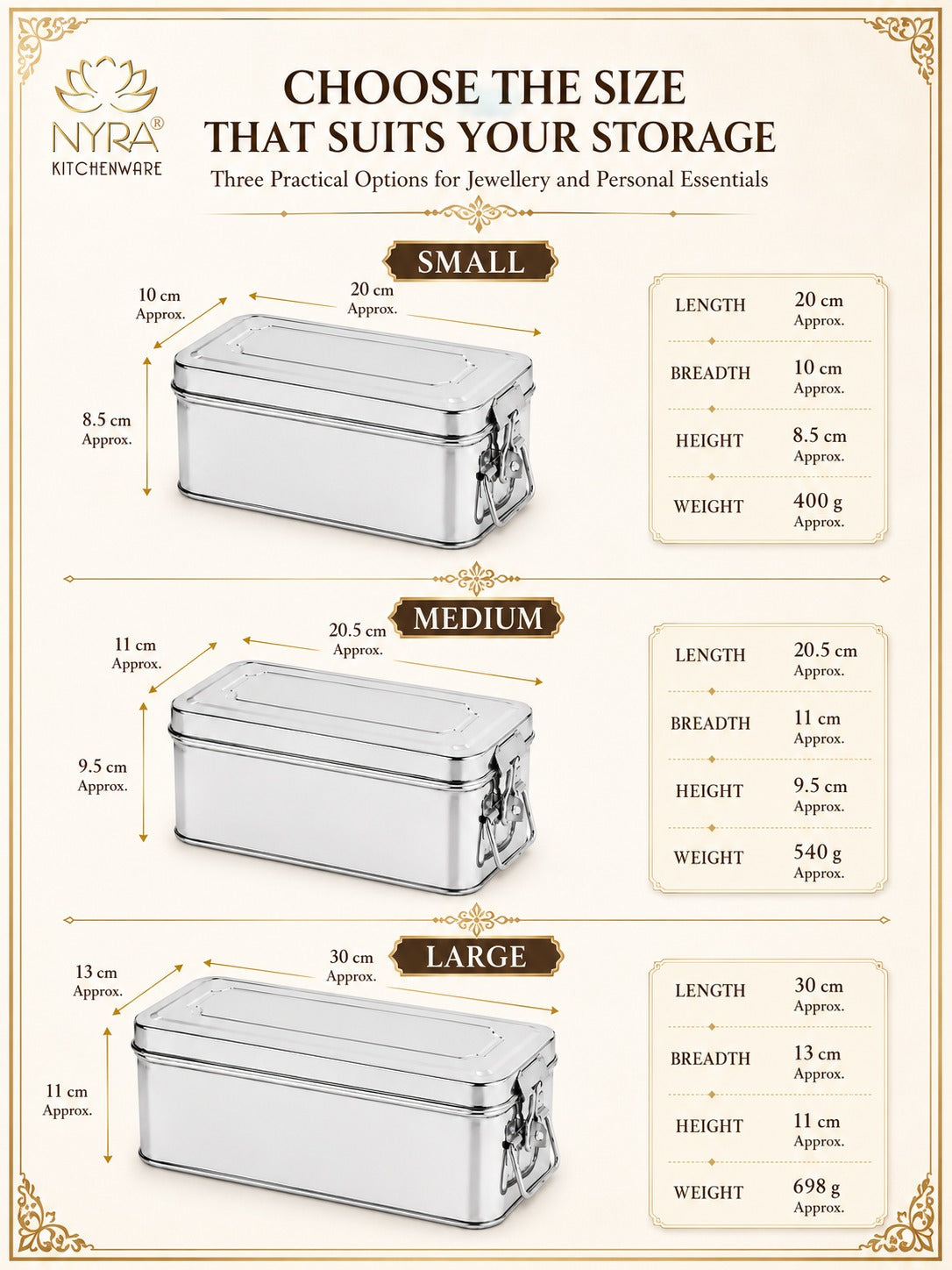 Stainless Steel Jewellery Locker Box with Latch, Multipurpose Storage Container for Jewellery, Accessories, Documents &amp; Personal Essentials, Small/Medium/Large/Set of 3