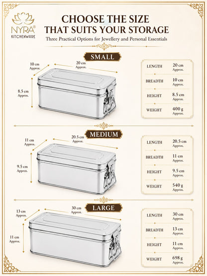 Stainless Steel Jewellery Locker Box with Latch, Multipurpose Storage Container for Jewellery, Accessories, Documents &amp; Personal Essentials, Small/Medium/Large/Set of 3