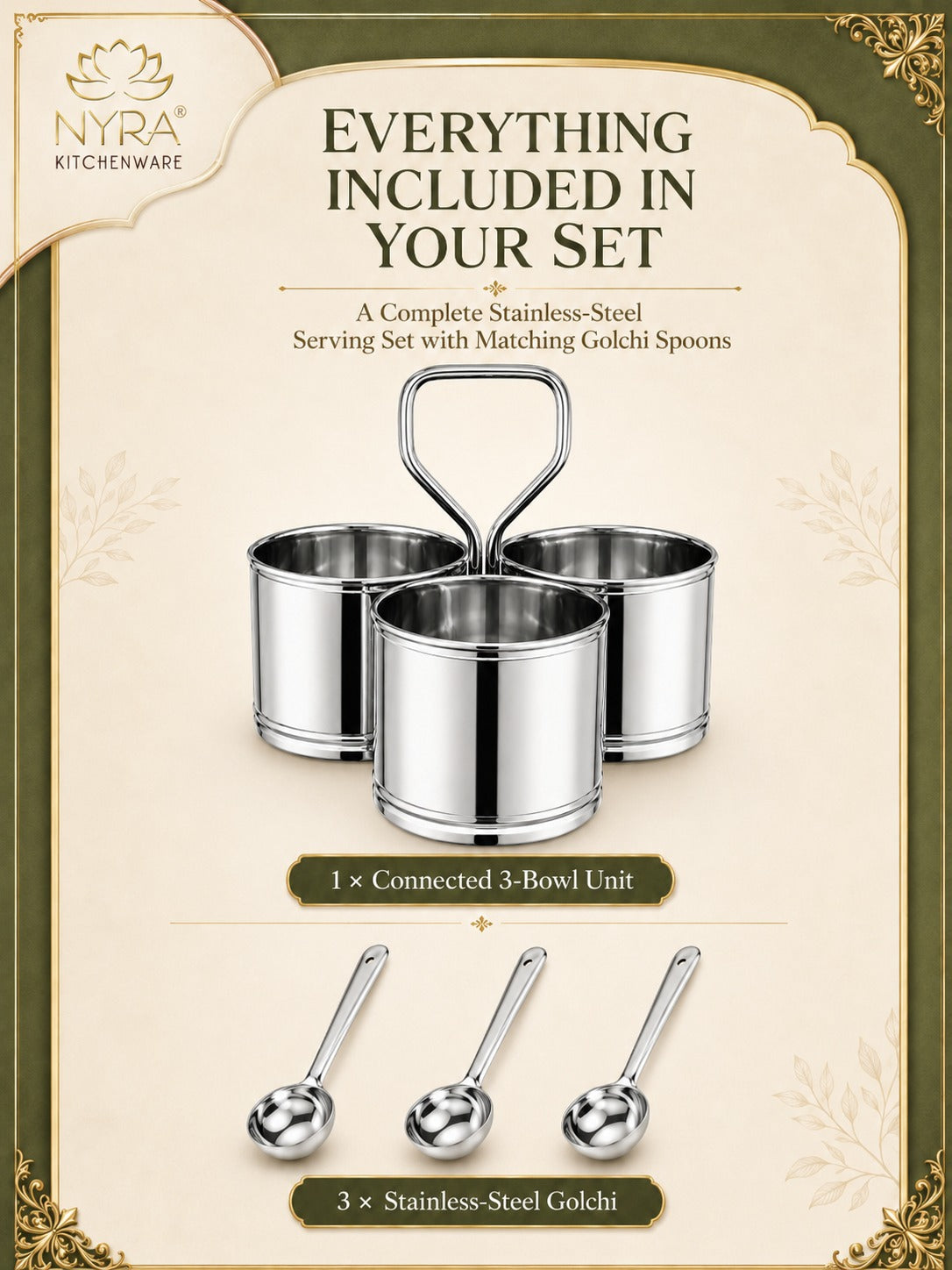 Stainless Steel Chaumukha/Chougadha Vegetable Holder with Golchi/Ladle | Food-grade Curry, Chutney, Rice Serving set - 2 Bowl, 3 Bowl & 4 Bowl