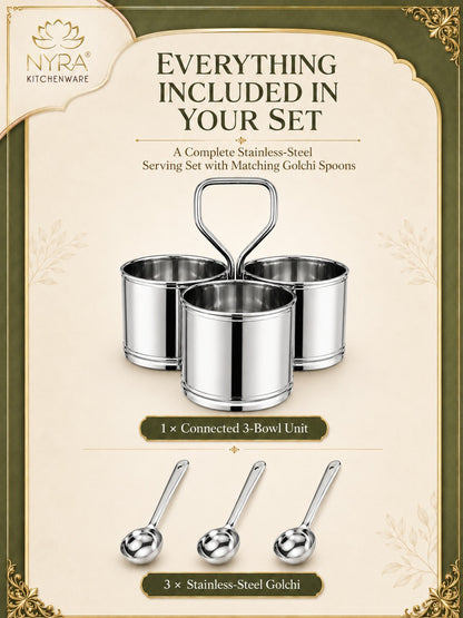 Stainless Steel Chaumukha/Chougadha Vegetable Holder with Golchi/Ladle | Food-grade Curry, Chutney, Rice Serving set - 2 Bowl, 3 Bowl & 4 Bowl