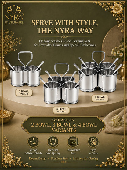 Stainless Steel Chaumukha/Chougadha Vegetable Holder with Golchi/Ladle | Food-grade Curry, Chutney, Rice Serving set - 2 Bowl, 3 Bowl & 4 Bowl