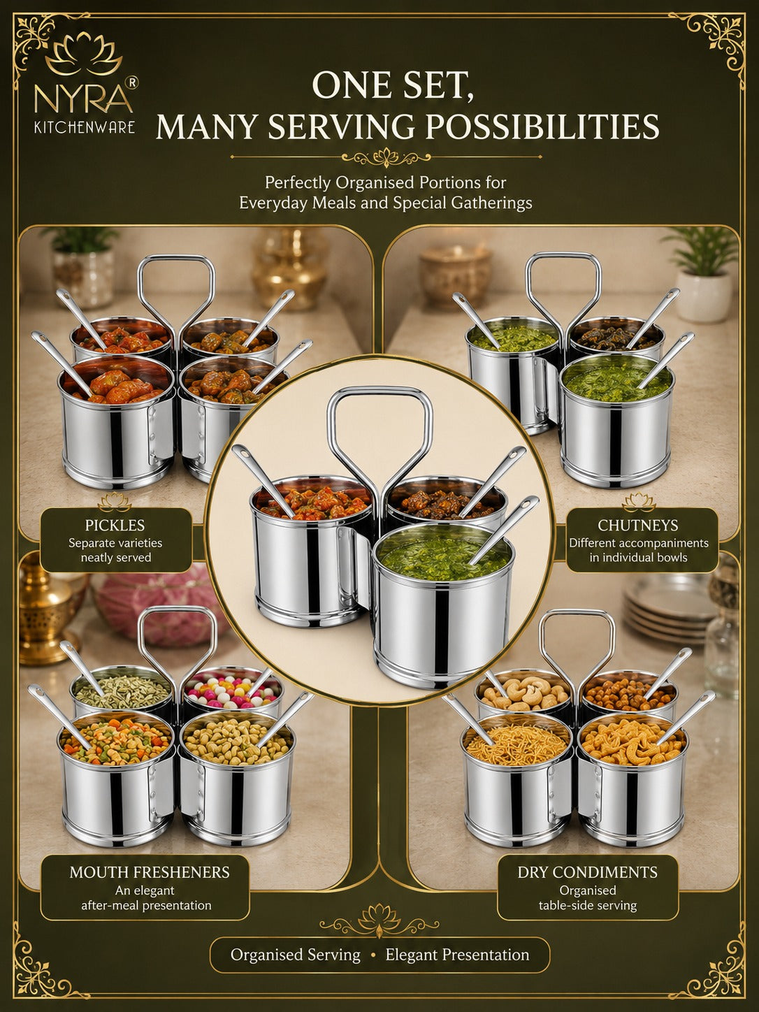 Stainless Steel Chaumukha/Chougadha Vegetable Holder with Golchi/Ladle | Food-grade Curry, Chutney, Rice Serving set - 2 Bowl, 3 Bowl & 4 Bowl