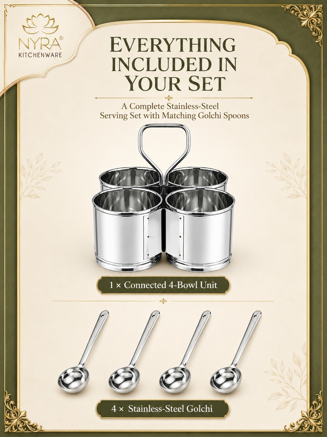 Stainless Steel Chaumukha/Chougadha Vegetable Holder with Golchi/Ladle | Food-grade Curry, Chutney, Rice Serving set - 2 Bowl, 3 Bowl & 4 Bowl