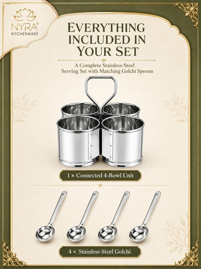 Stainless Steel Chaumukha/Chougadha Vegetable Holder with Golchi/Ladle | Food-grade Curry, Chutney, Rice Serving set - 2 Bowl, 3 Bowl & 4 Bowl