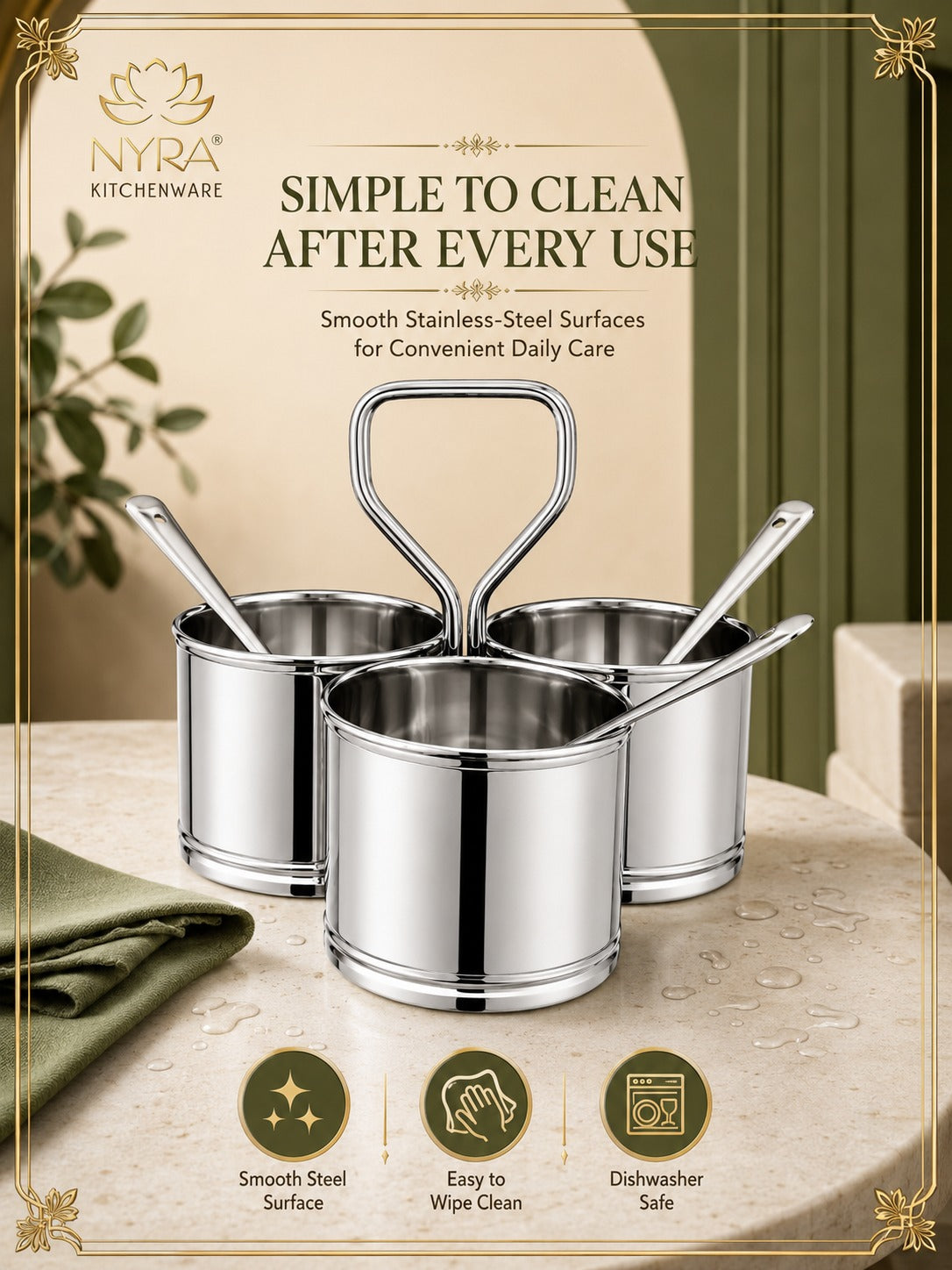 Stainless Steel Chaumukha/Chougadha Vegetable Holder with Golchi/Ladle | Food-grade Curry, Chutney, Rice Serving set - 2 Bowl, 3 Bowl & 4 Bowl